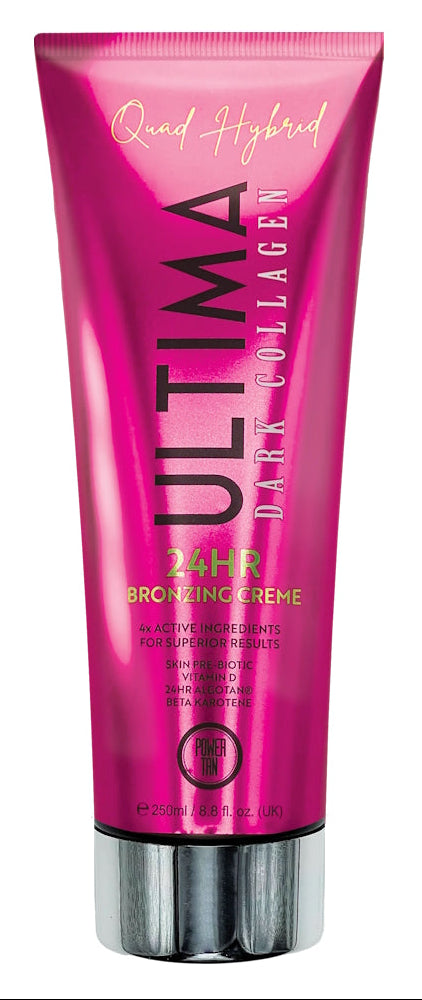 A tube and packaging of Power Tan Ultima Dark Collagen 24HR Bronzer, with a pink and purple design indicating the product is a bronzing creme for tanning.